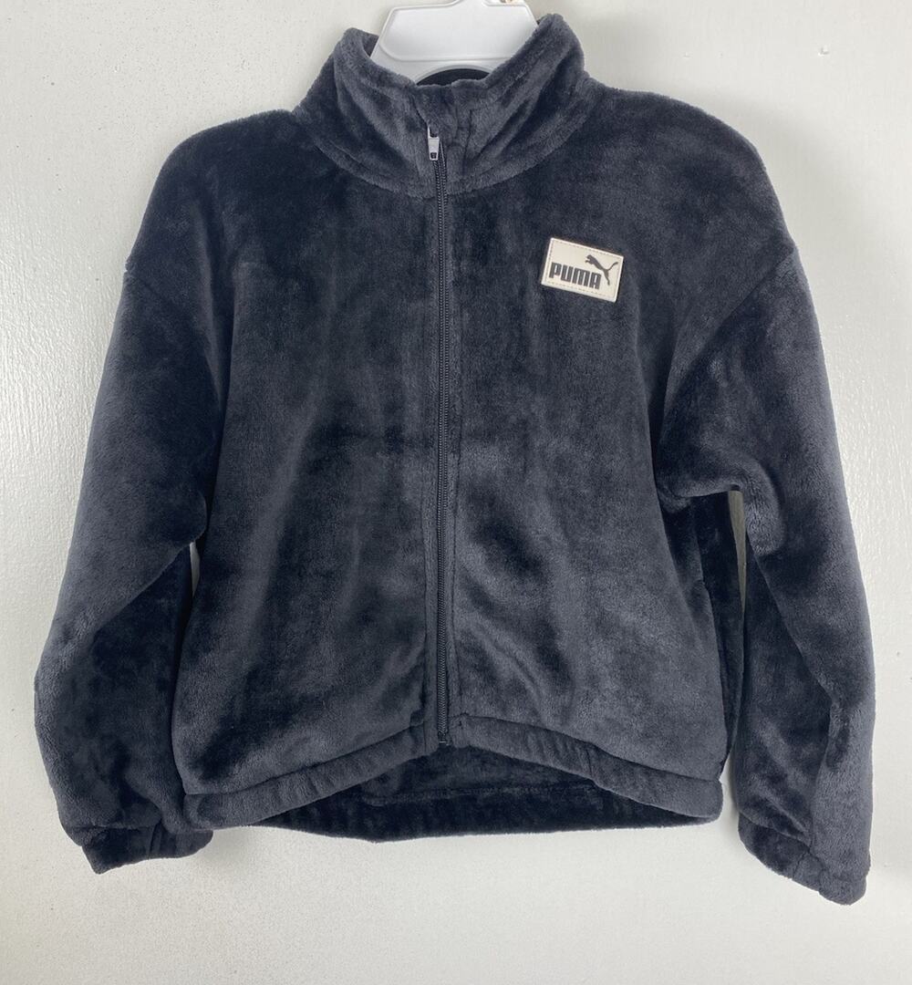 Puma Girls Faux Fur Jacket Black Full Zip Soft Fleece Size M 8 New No Tags